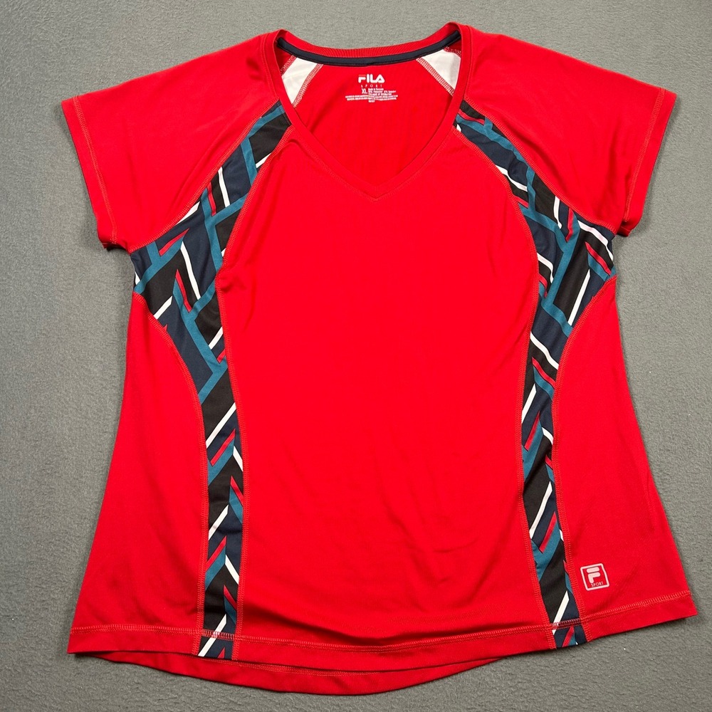 Fila Sport Shirt Womens XL Red Short Sleeve V-Neck Athletic Geometric Trim Tee